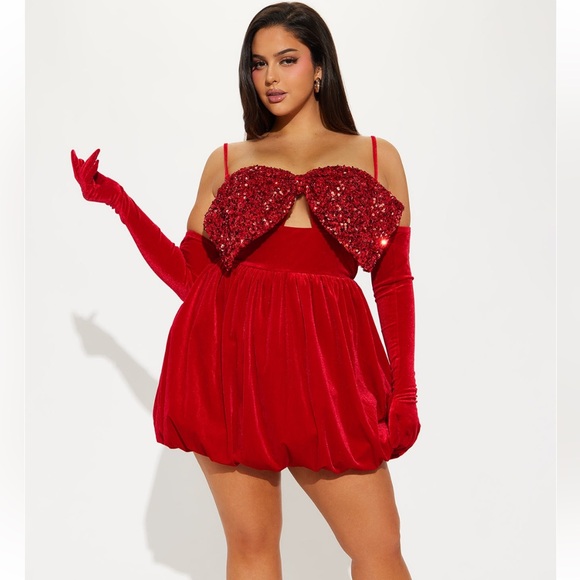 Clara Velvet Bubble Dress Set - Red NWT Fashion Nova - Picture 4 of 6
